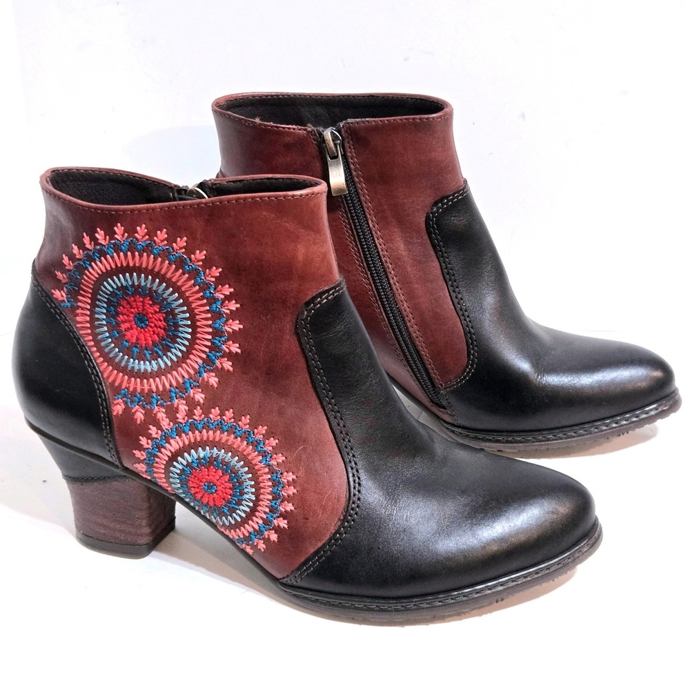 L'Artiste Remarkable Boots Women 39 Leather Embroidered Mandala Zip Cap Toe Boho